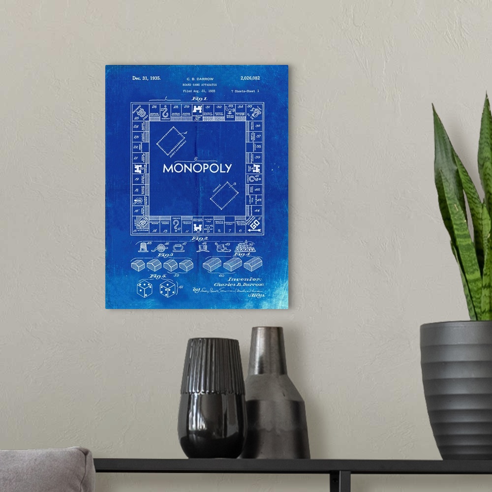A modern room featuring Faded Blueprint Monopoly Patent Poster