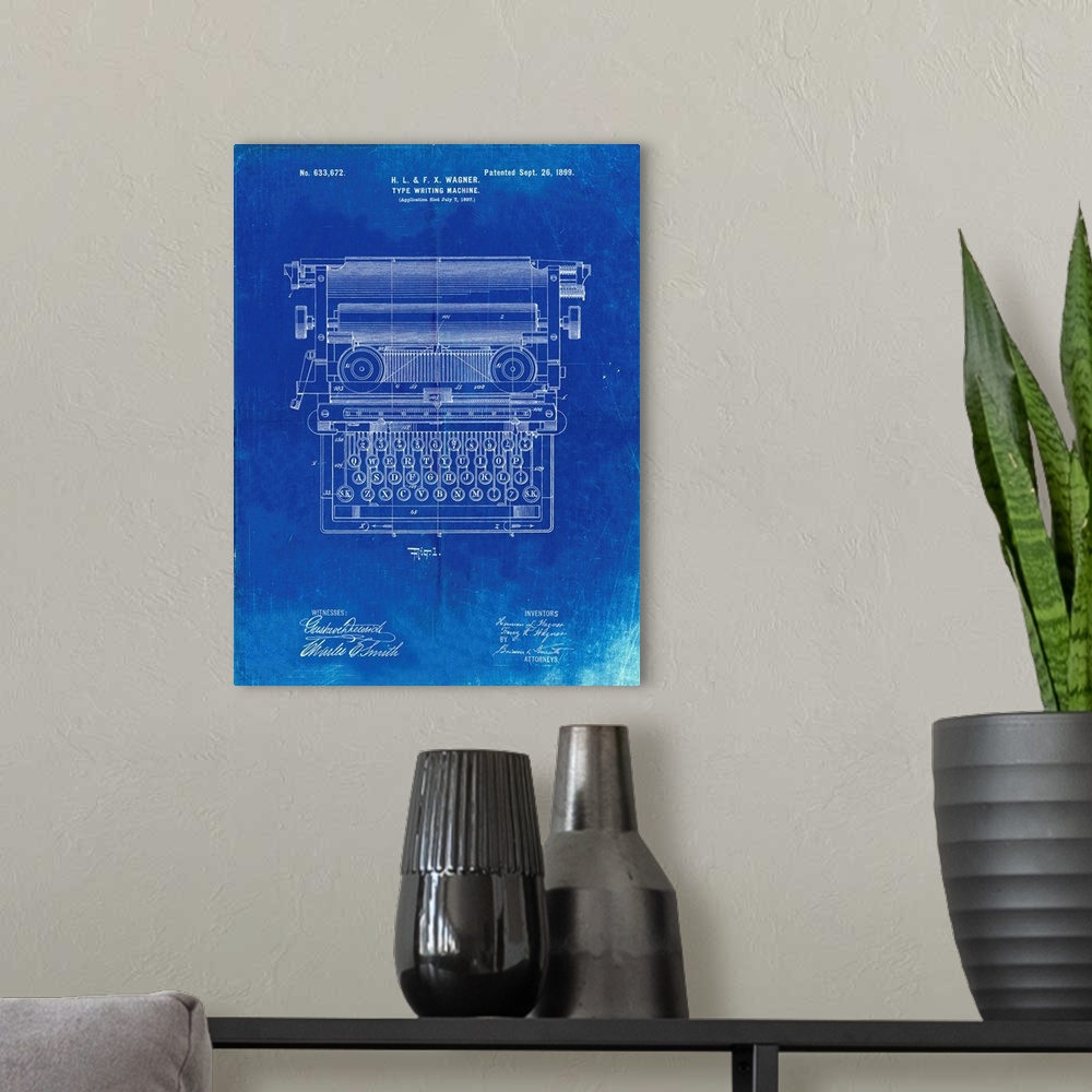 A modern room featuring Faded Blueprint Underwood Typewriter Patent Poster