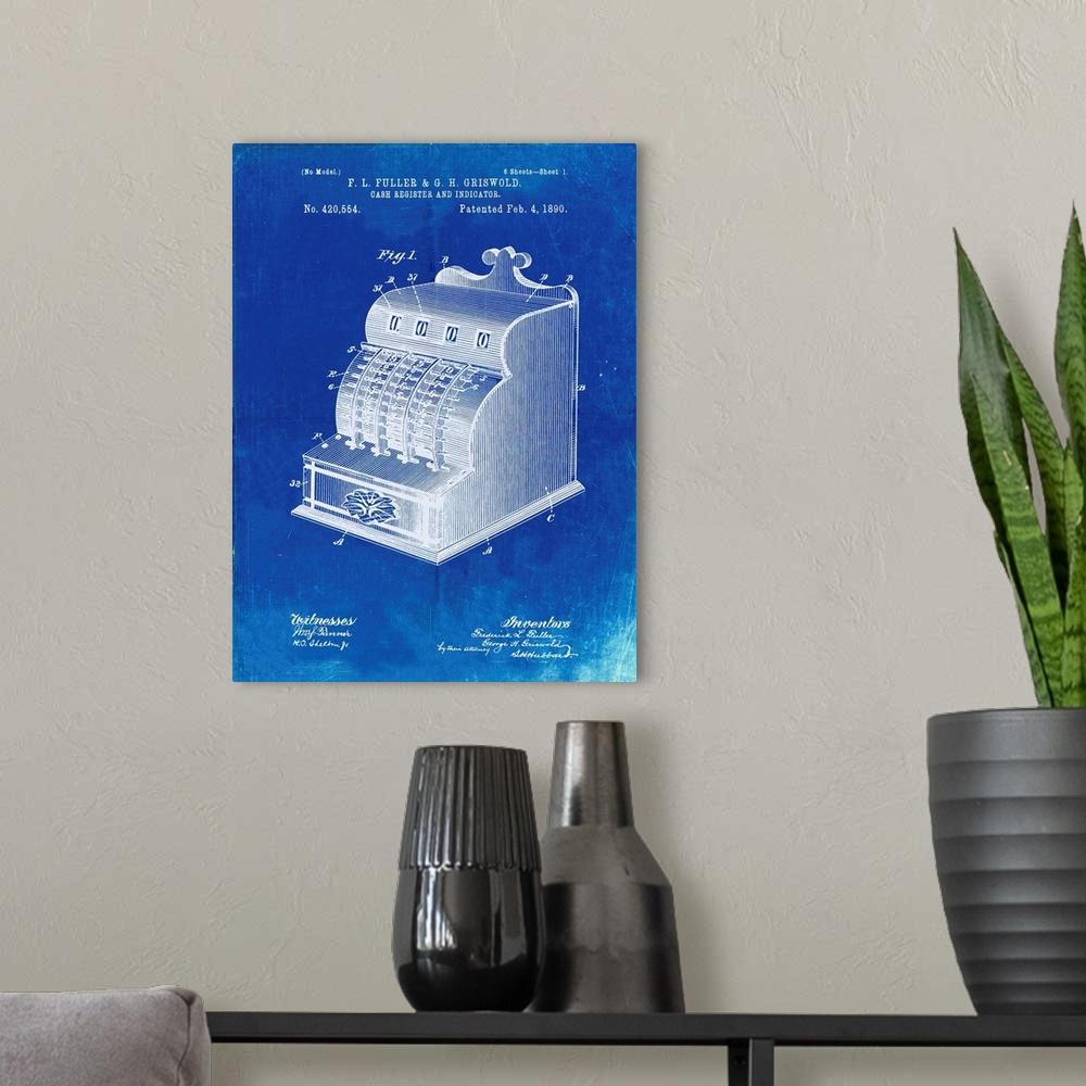 A modern room featuring Faded Blueprint Vintage Cash Register 1890 Patent Poster
