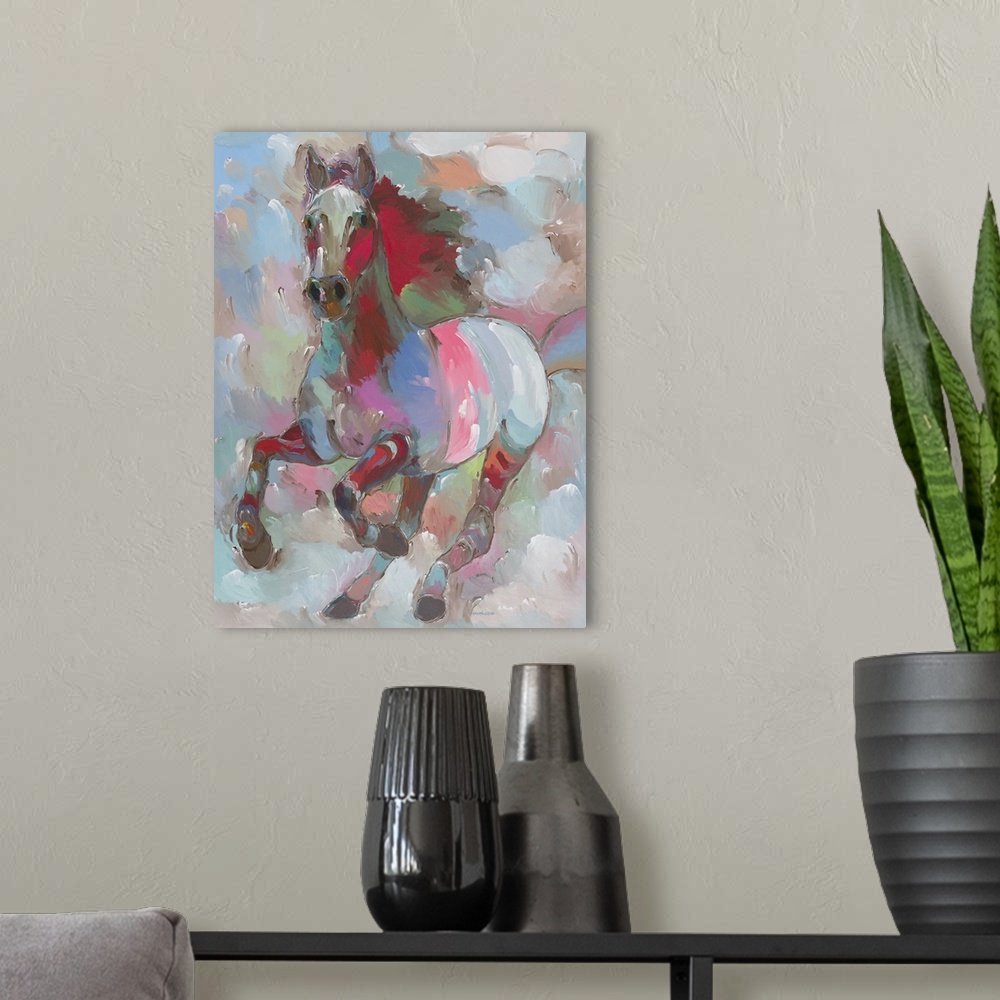 A modern room featuring Colorful contemporary painting of a galloping horse.
