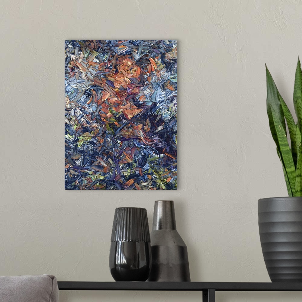 A modern room featuring Abstract artwork made of streaks and splatters with the shape of a man.