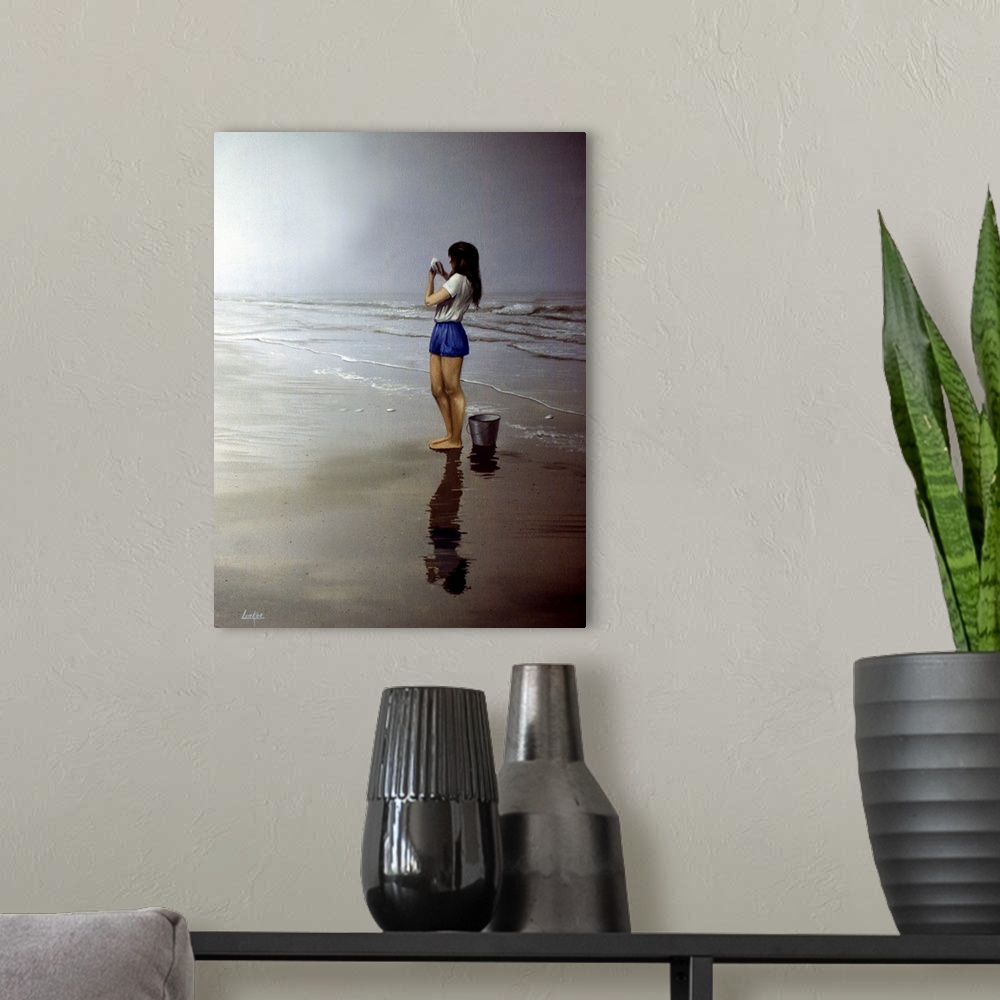 A modern room featuring Contemporary painting of a young woman on the beach holding a seashell.