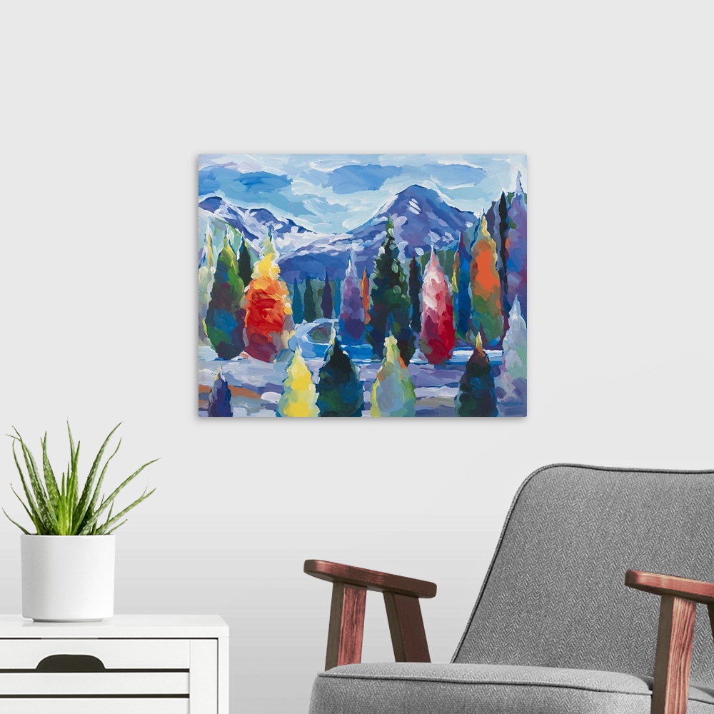 A modern room featuring Colorful abstract landscape with trees and mountains.