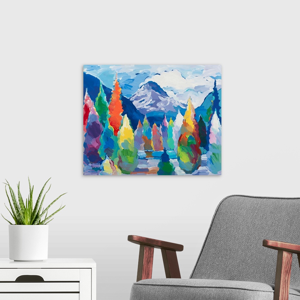 A modern room featuring Colorful abstract landscape with trees and mountains.