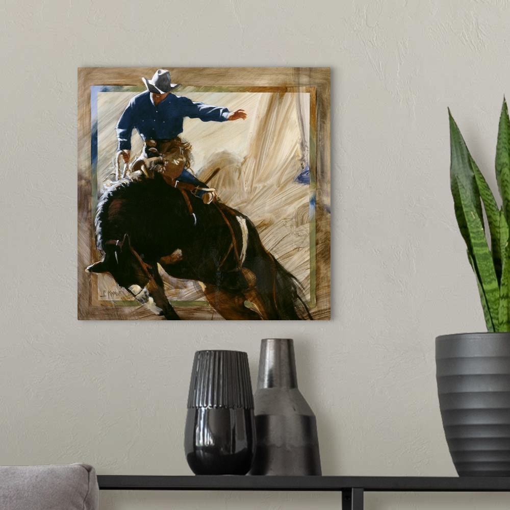 A modern room featuring Contemporary western theme painting of a cowboy riding a bucking bronco.