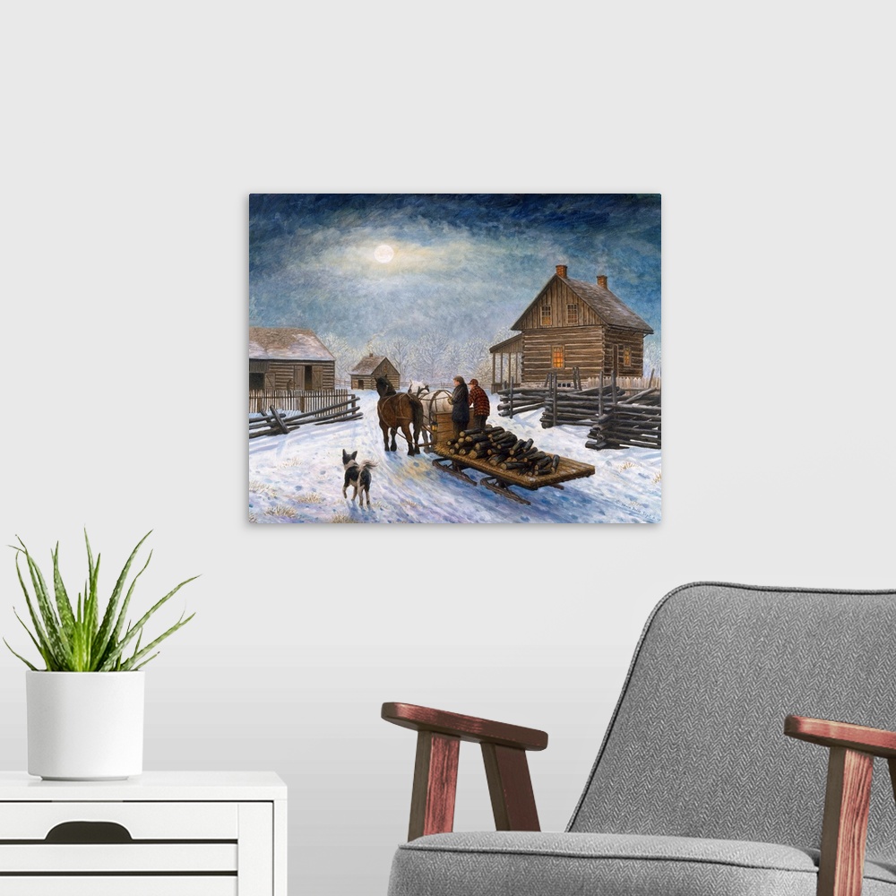 A modern room featuring Contemporary artwork of horses pulling a sled full of logs back to the farm.