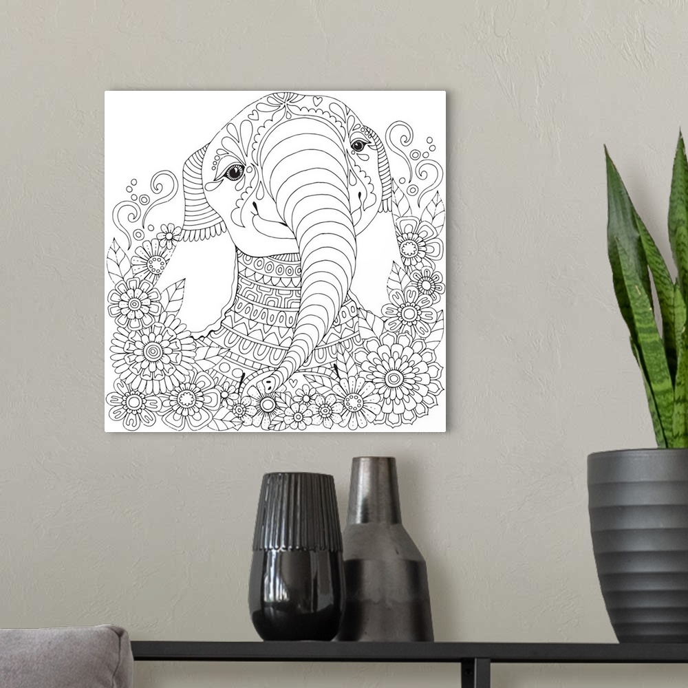 A modern room featuring Contemporary lined art of an elephant made with a unique design and flowers.