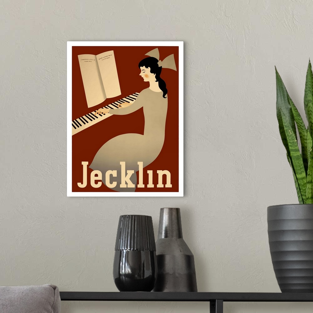 A modern room featuring Jecklin - Vintage Piano Advertisement