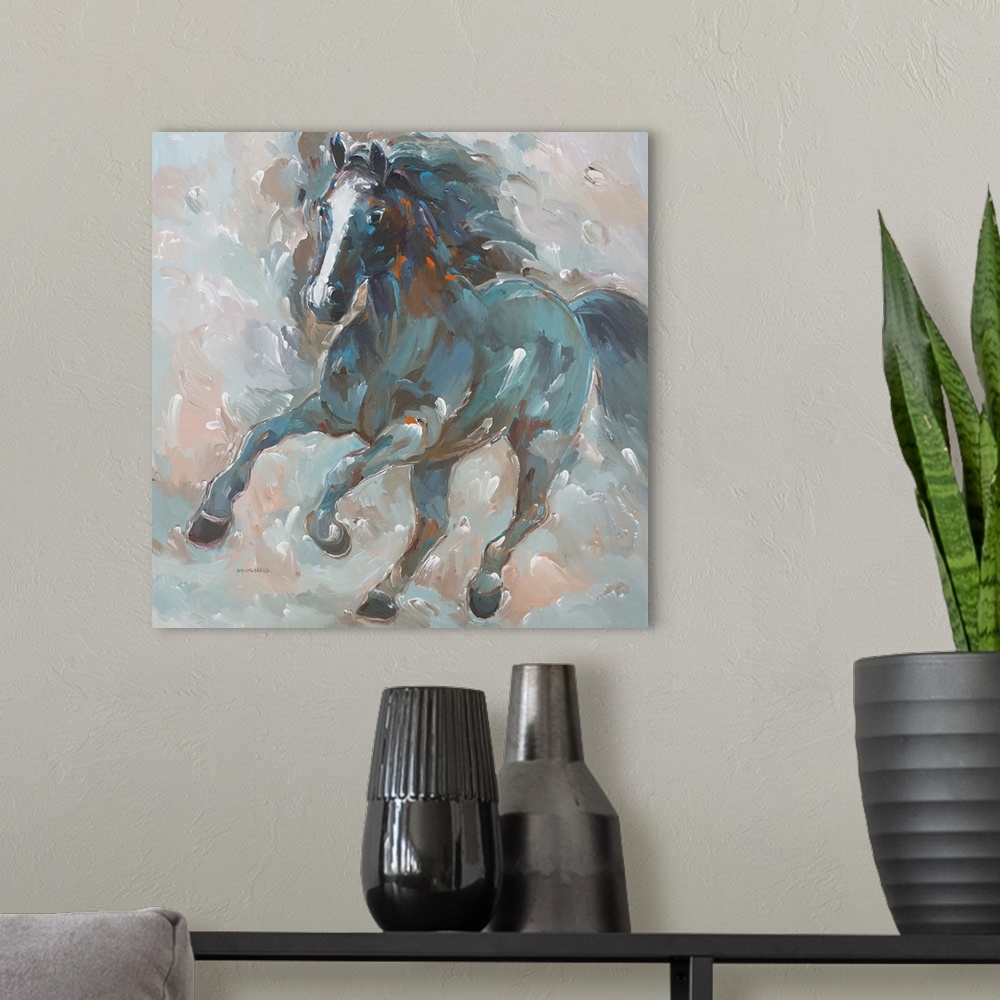 A modern room featuring Square painting of a cool toned horse on a colorful background with brushstrokes in every direction.