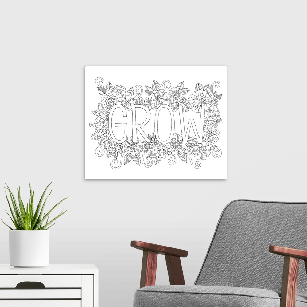 A modern room featuring Black and white line art with the word "Grow" written in the center surrounded by flowers.