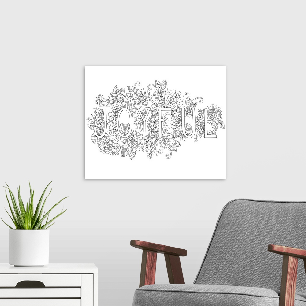A modern room featuring Black and white line art with the word "Joyful" surrounded by a floral design.