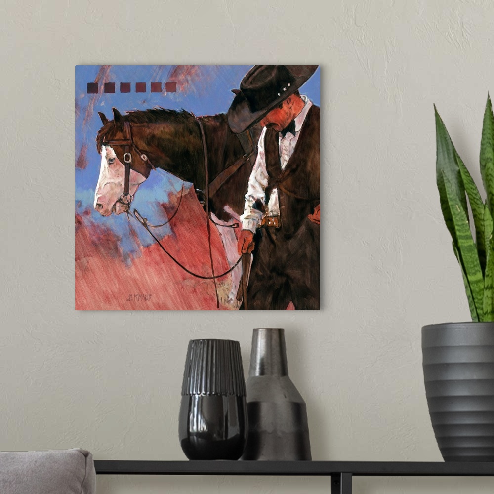 A modern room featuring Contemporary western theme painting of a cowboy standing beside his horse.