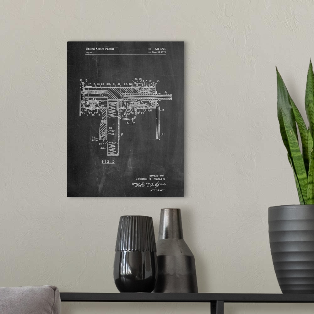 A modern room featuring Black and white diagram showing the parts of a machine gun.
