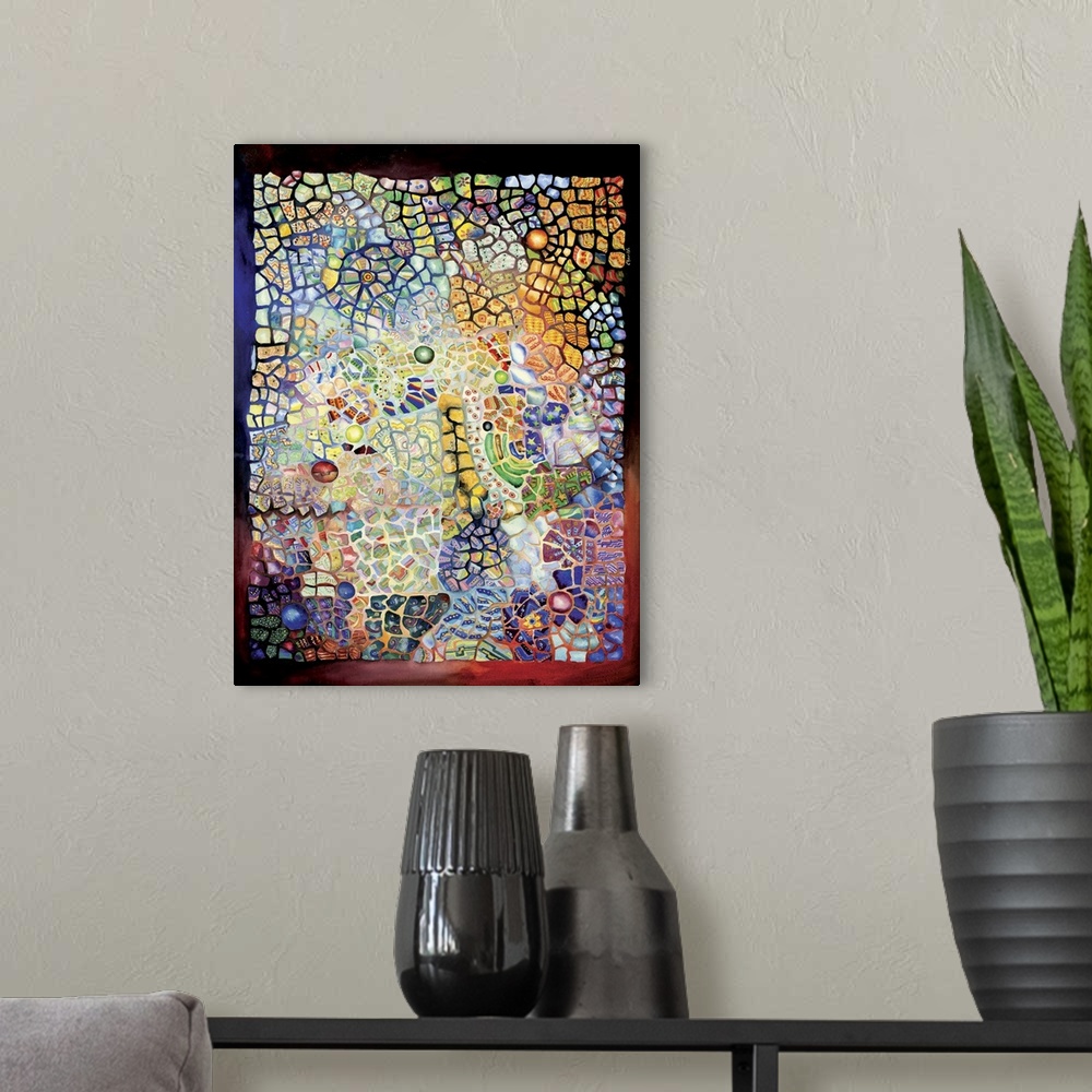 A modern room featuring Contemporary colorful mosaic artwork.