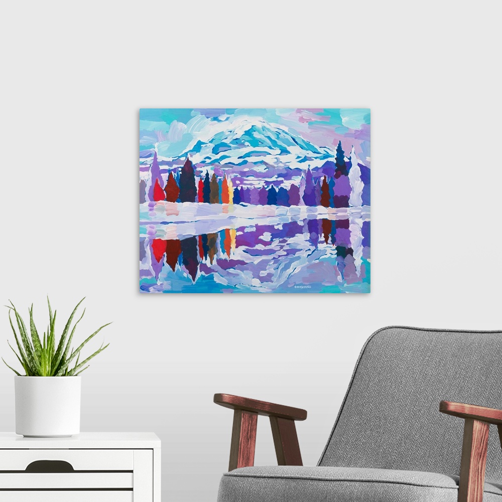 A modern room featuring Colorful abstract landscape with trees and mountains reflecting onto a lake.
