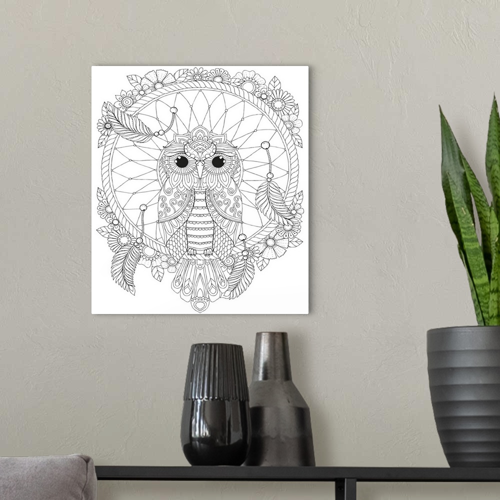 A modern room featuring Black and white line art of an owl perched inside a dream catcher decorated with flowers and feat...