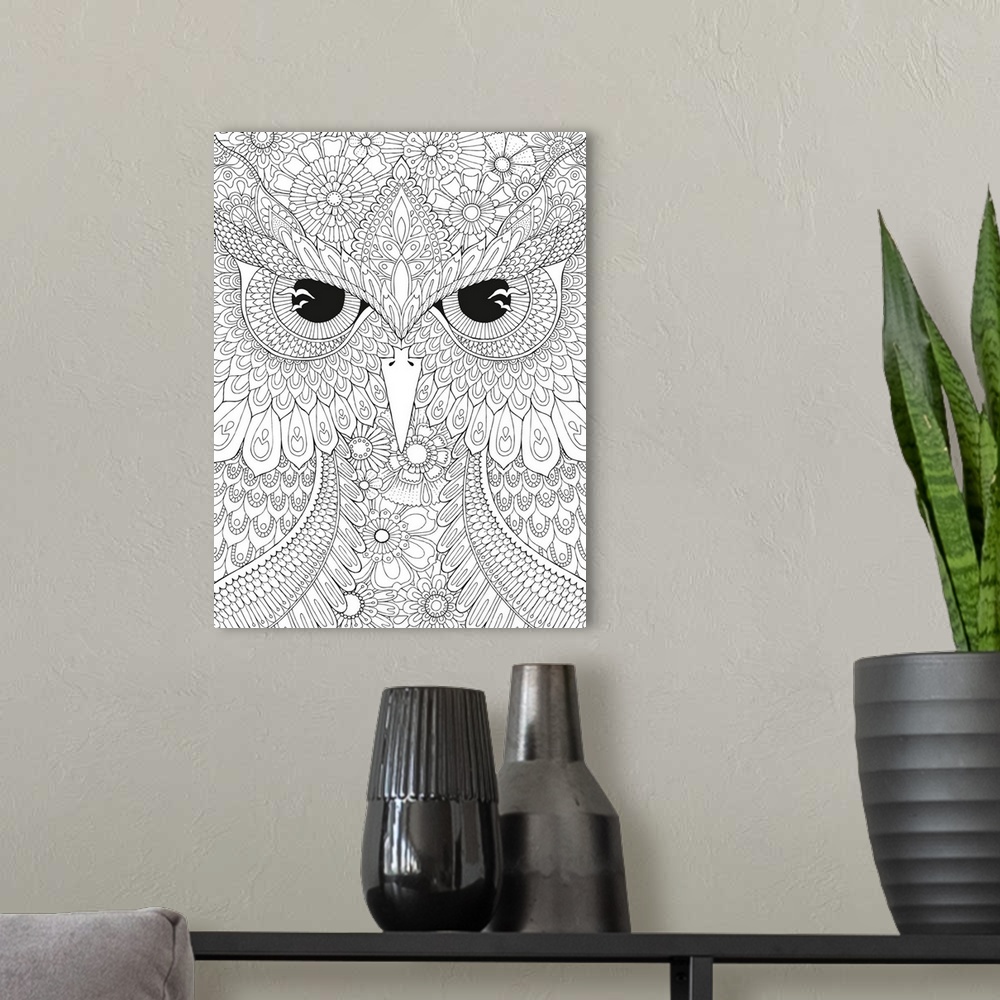A modern room featuring Black and white intricate line art of a close-up owl face.