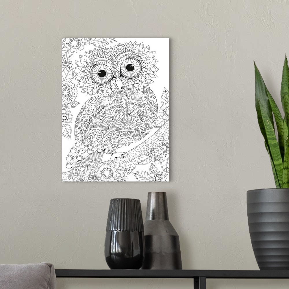 A modern room featuring Black and white line art of an intricately designed owl with big eyes perched on a branch and sur...