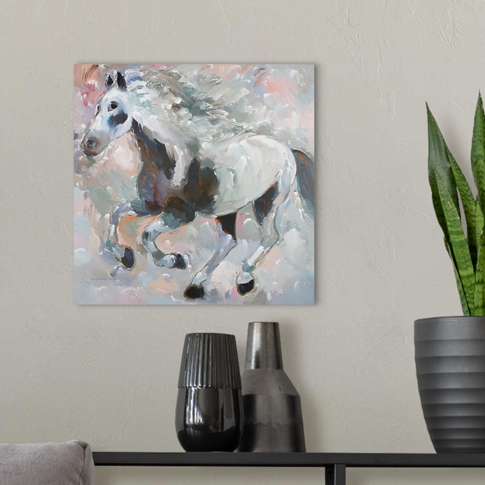 A modern room featuring Square contemporary painting of a gray, black, and white galloping horse with pops of orange and ...