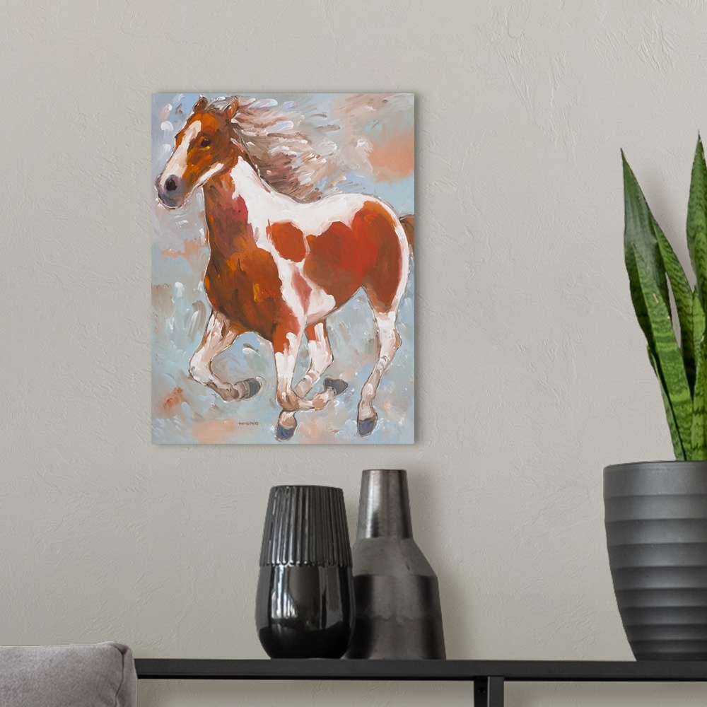 A modern room featuring Contemporary painting of an orange, brown, and white galloping horse on a colorful pastel backgro...