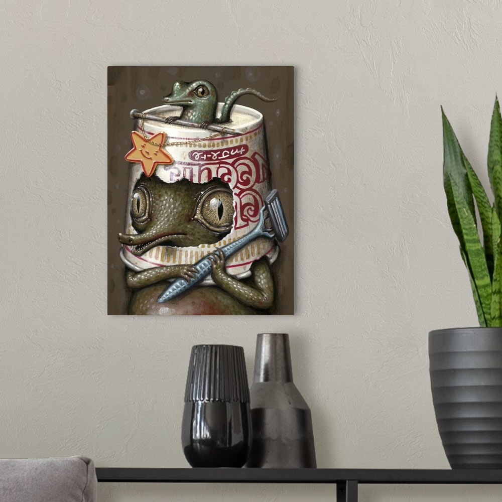 A modern room featuring Surrealist painting of an alligator wearing a cup-o-noodles container for a hat and holding a dis...
