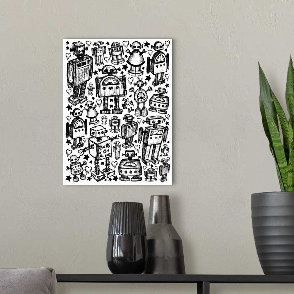 A modern room featuring Cute painting of several robots made of simple lines and shapes.