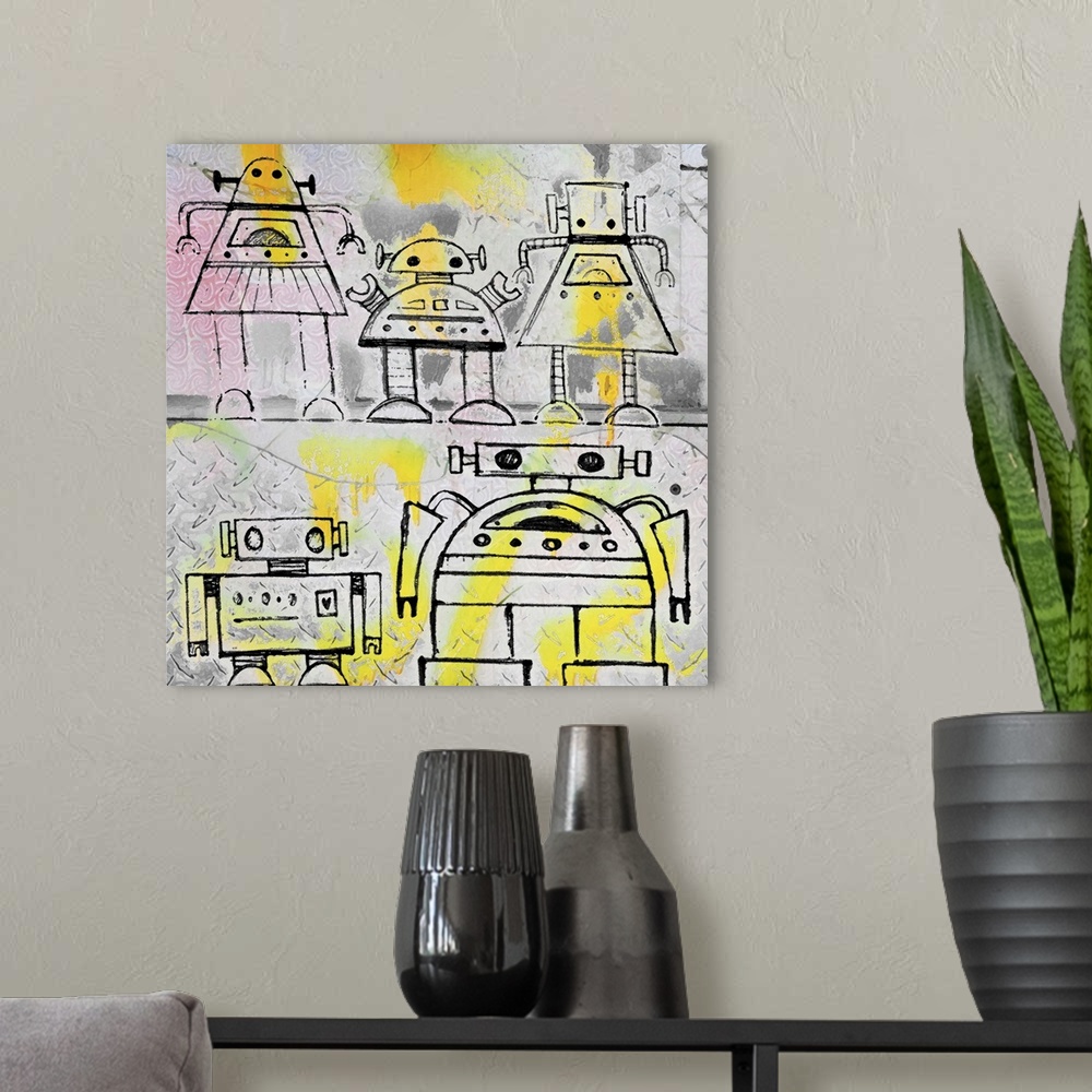 A modern room featuring Cute painting of a robot family made of simple lines and shapes.