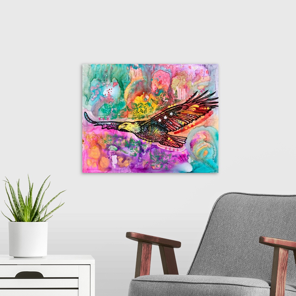 A modern room featuring Colorful painting of an eagle flying and surrounded by abstract designs.