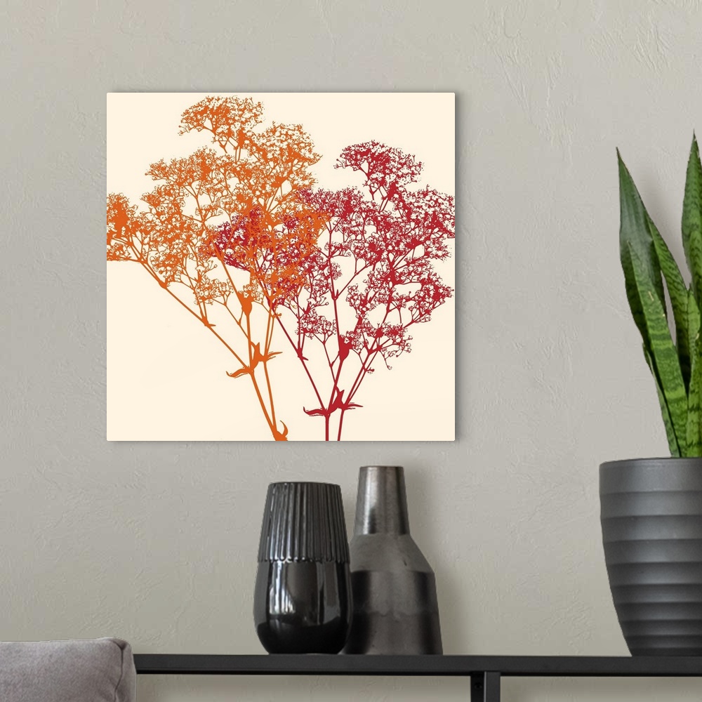 A modern room featuring .Silhouette of orange and purple foliage