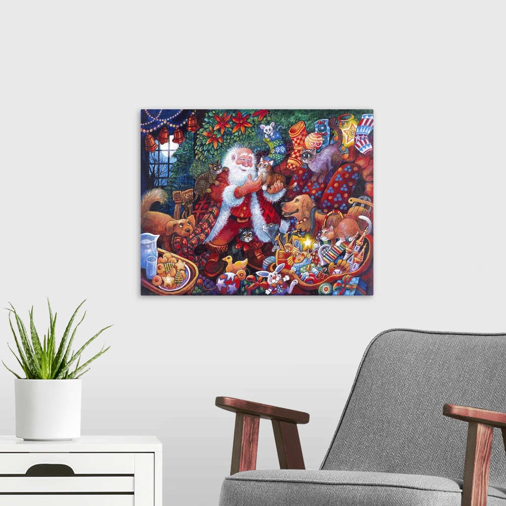 A modern room featuring Santa with lots of toys and dog holds kitten.