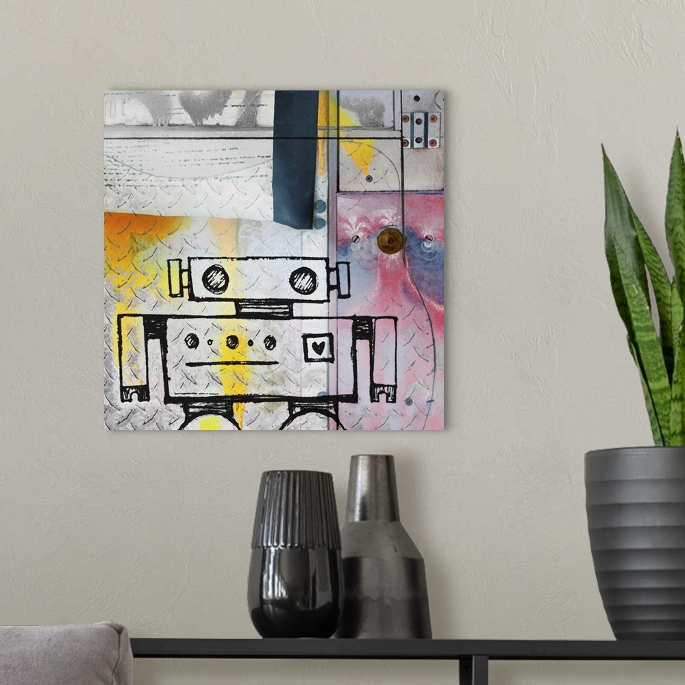 A modern room featuring Cute painting of a robot made of simple lines and shapes.