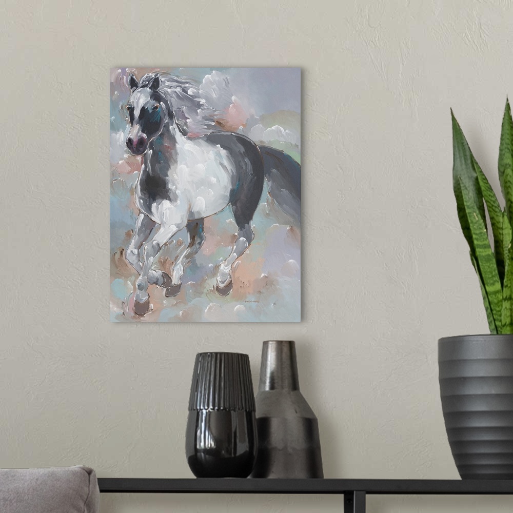 A modern room featuring Contemporary painting of a black and white galloping horse with pops of blue on a colorful pastel...