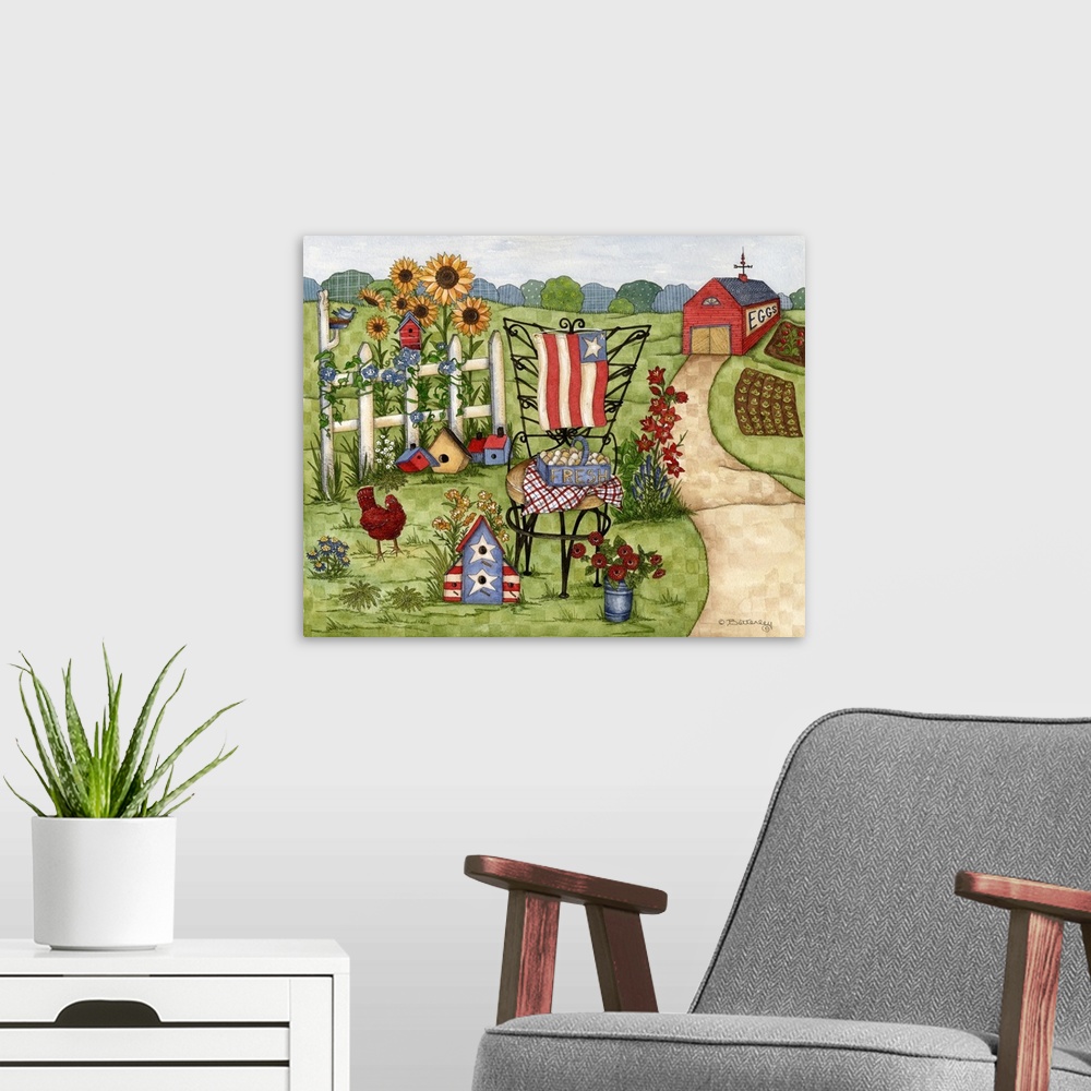 A modern room featuring Barn with path leading to fence with blue birds, sunflowers, birdhouses, chicken, and chair with ...