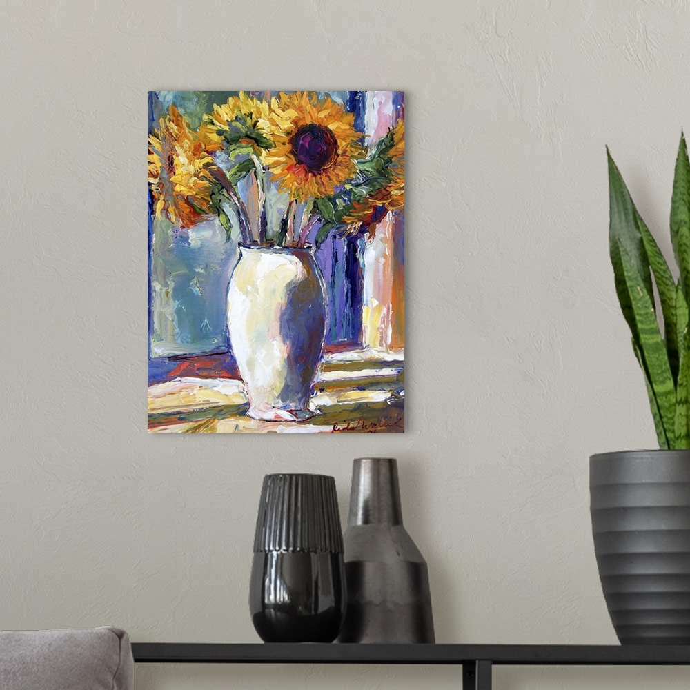 A modern room featuring Contemporary colorful painting of sunflowers.