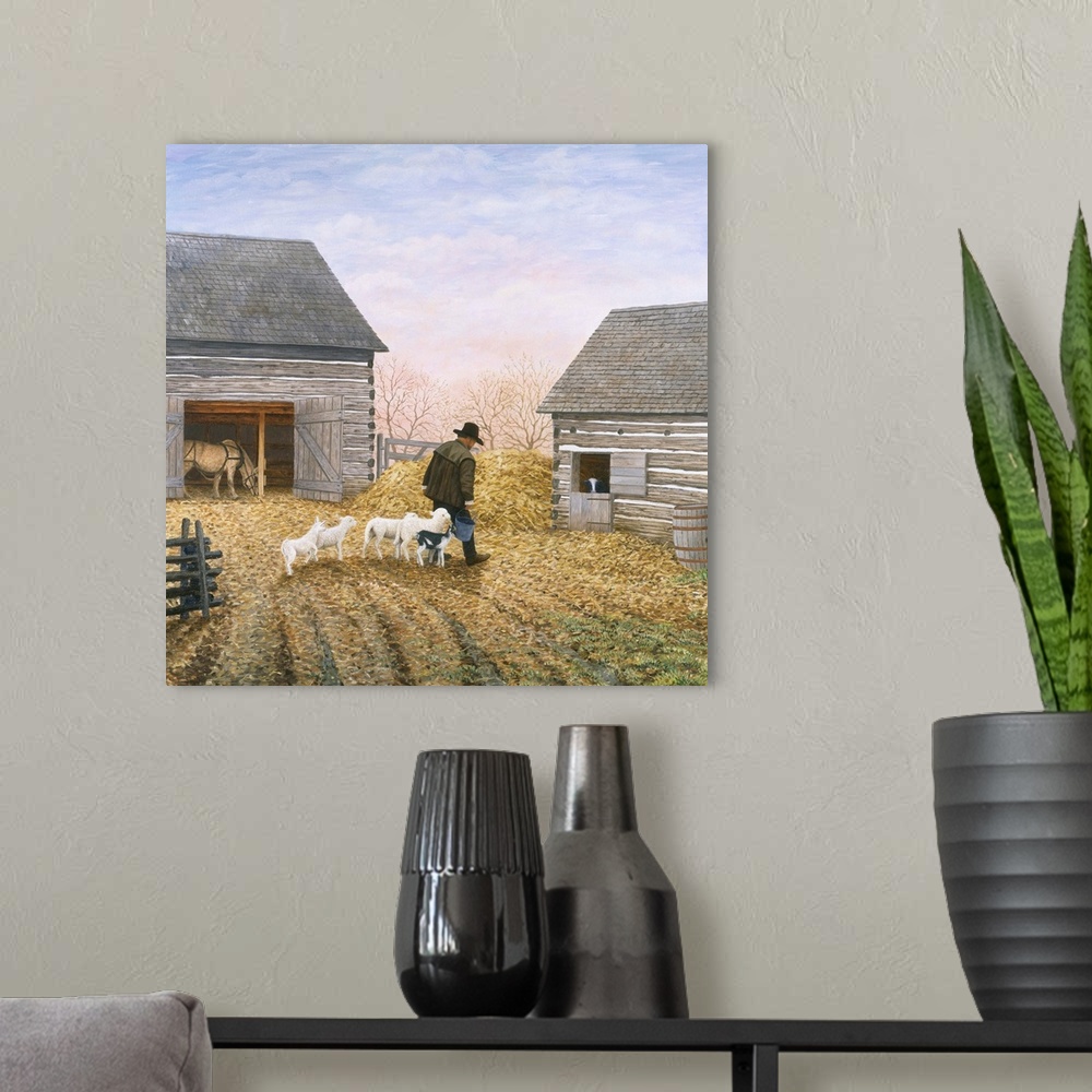 A modern room featuring Contemporary artwork of a farmer with his sheep between two farm buildings.
