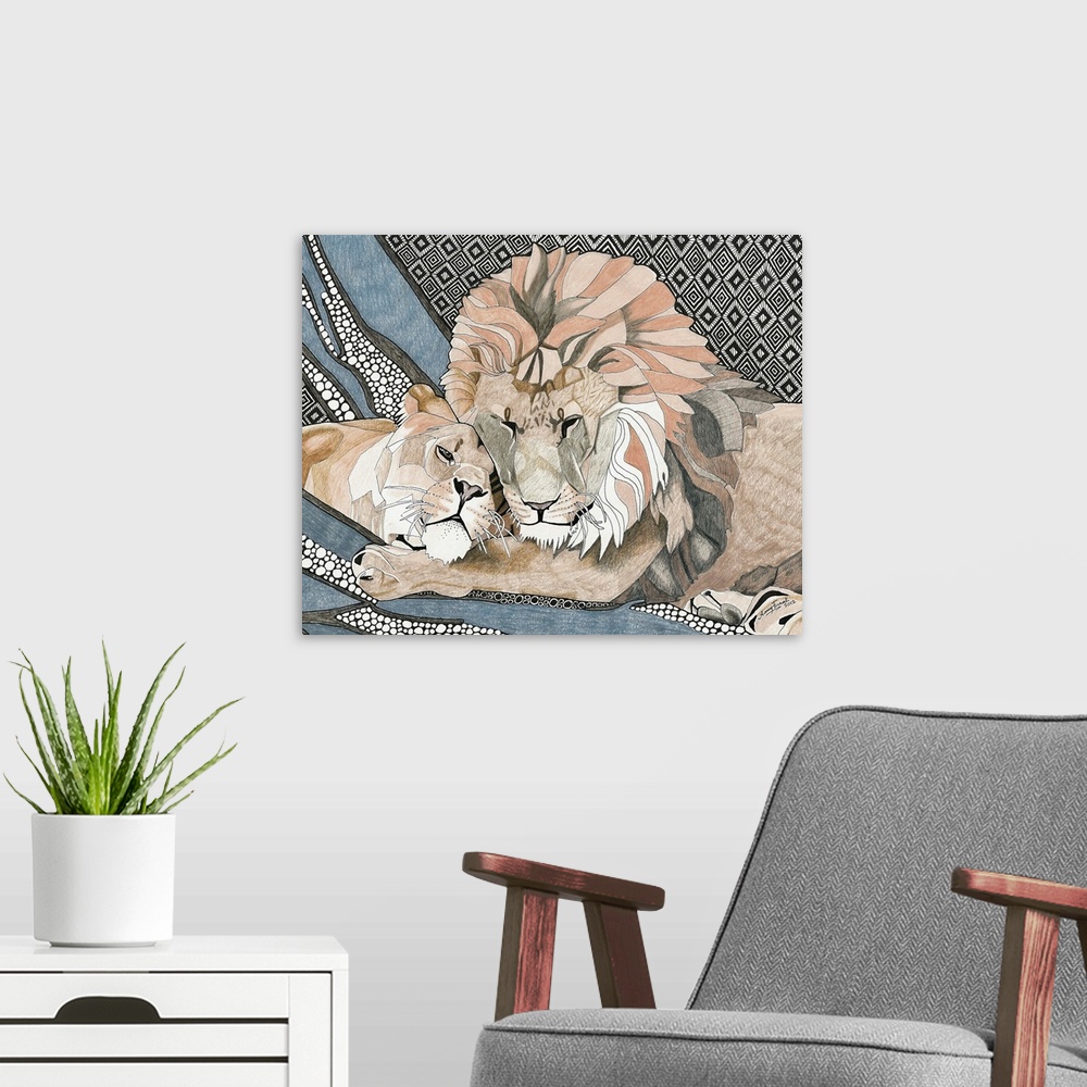 A modern room featuring Illustration of a lion and lioness snuggling with a patterned background.