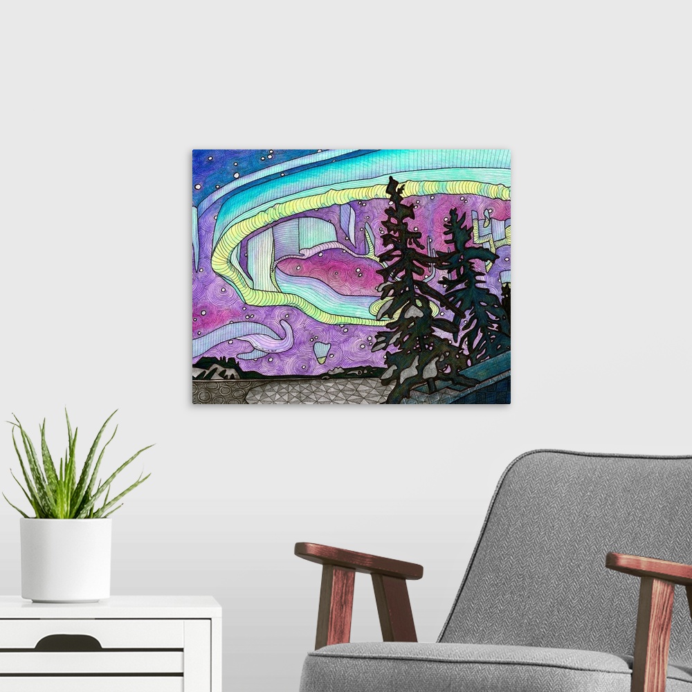 A modern room featuring Colorful illustration of the Northern Lights in a detailed patterned sky.