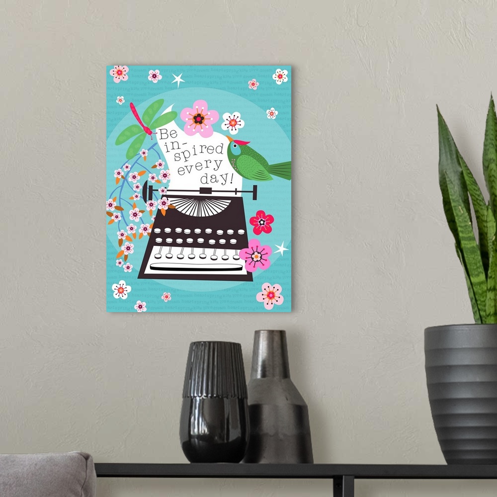 A modern room featuring Contemporary colorful inspirational artwork of a green bird on a typewriter.