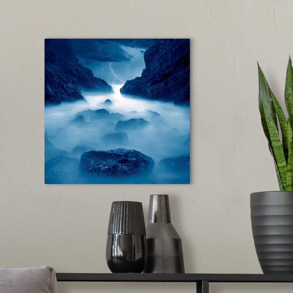 A modern room featuring Lightning, rocks, mist, ocean, blue storm