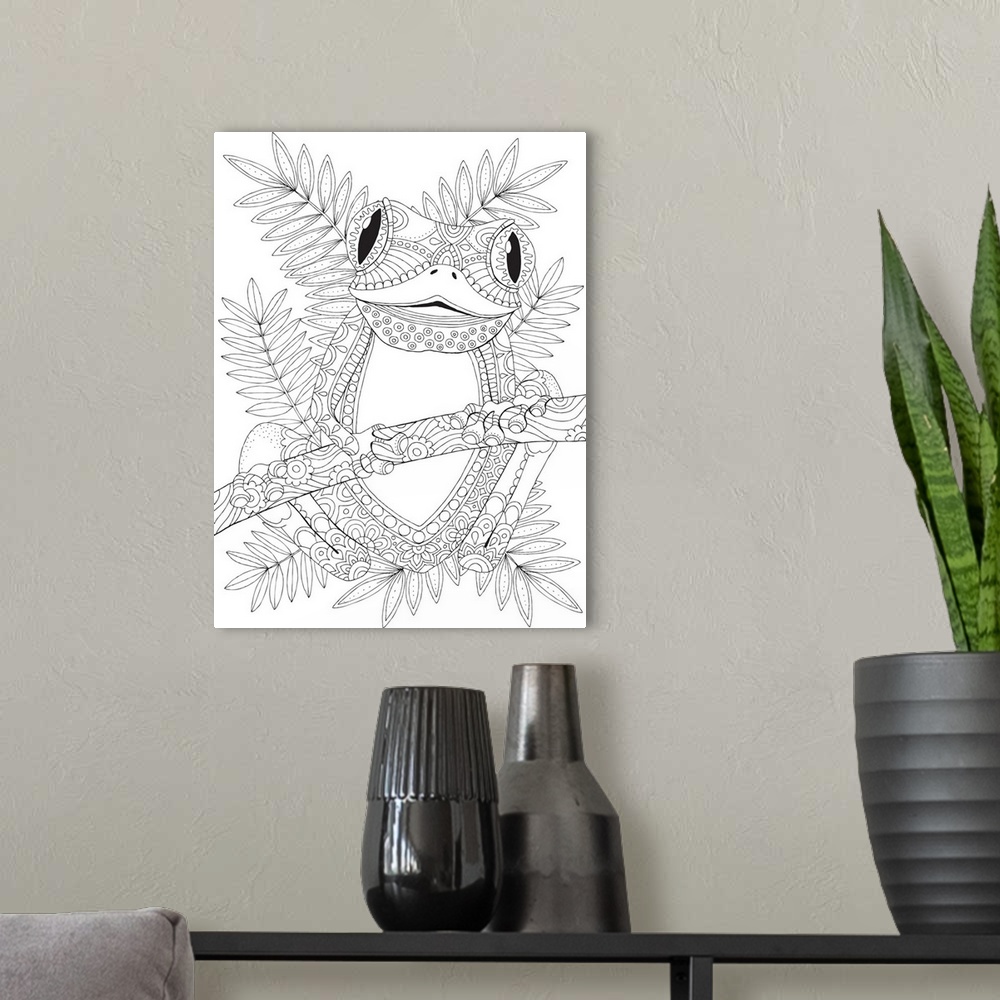 A modern room featuring Black and white line art of a uniquely designed frog on a branch with leaves in the background.