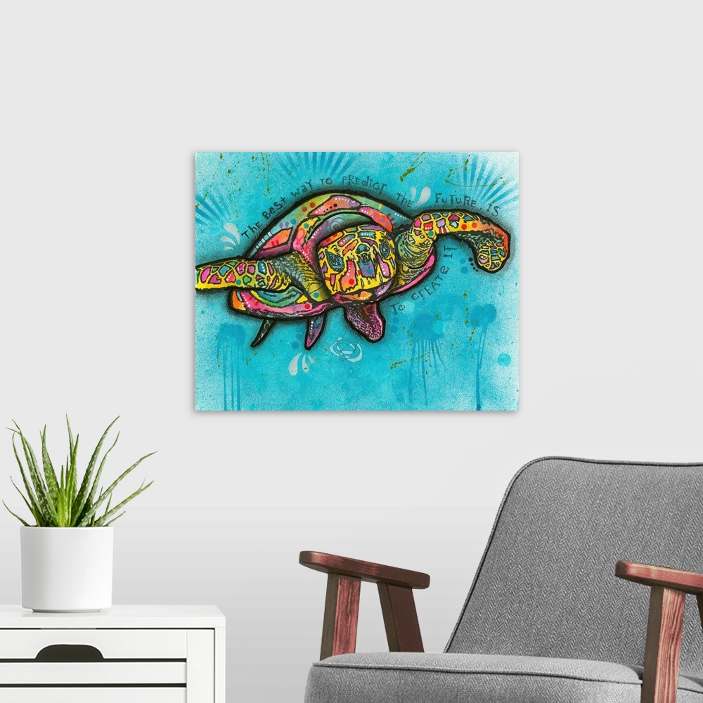 A modern room featuring "The Best Way to Predict the Future is to Create it" handwritten around a colorful turtle on a bl...