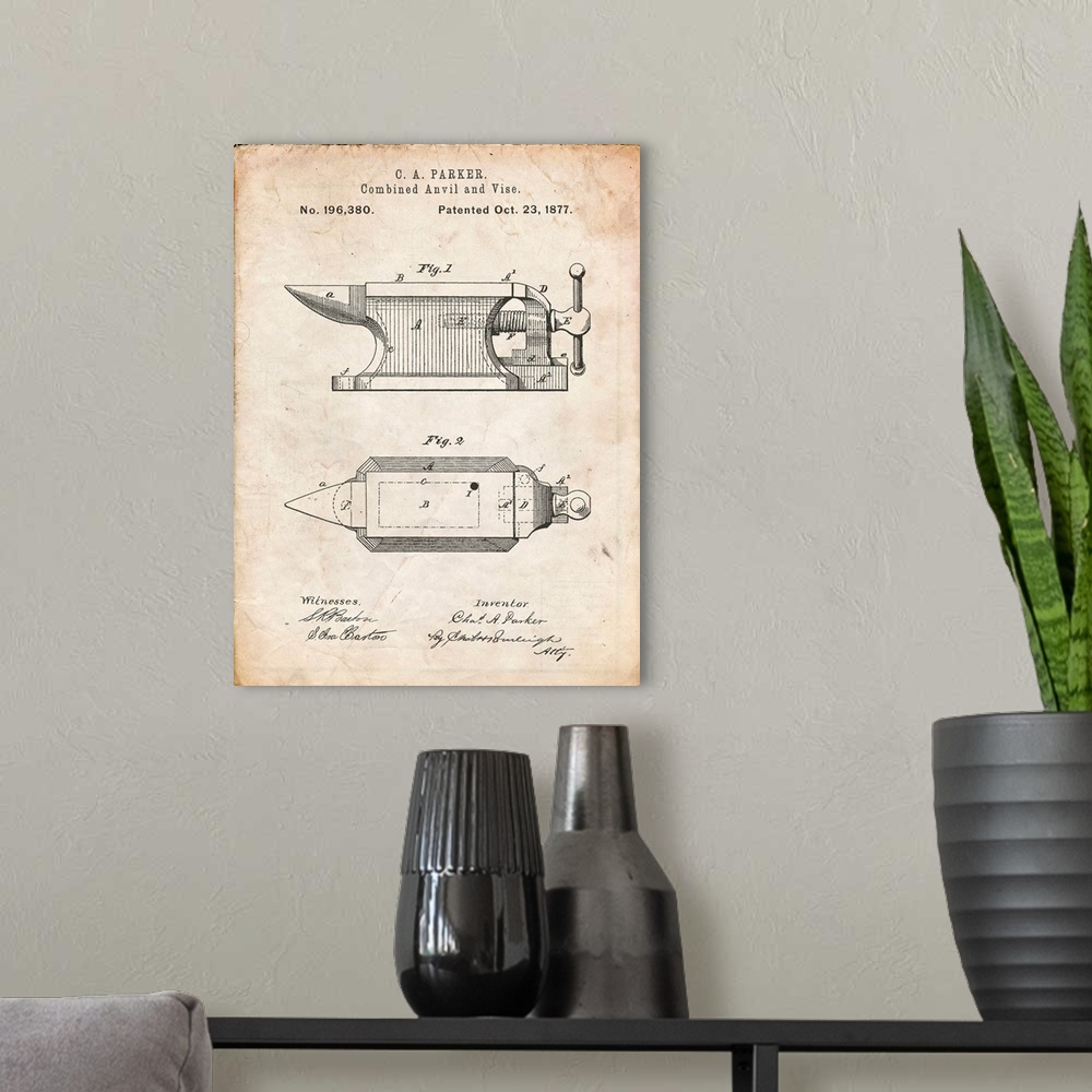 A modern room featuring Vintage Parchment Blacksmith Anvil Patent Poster