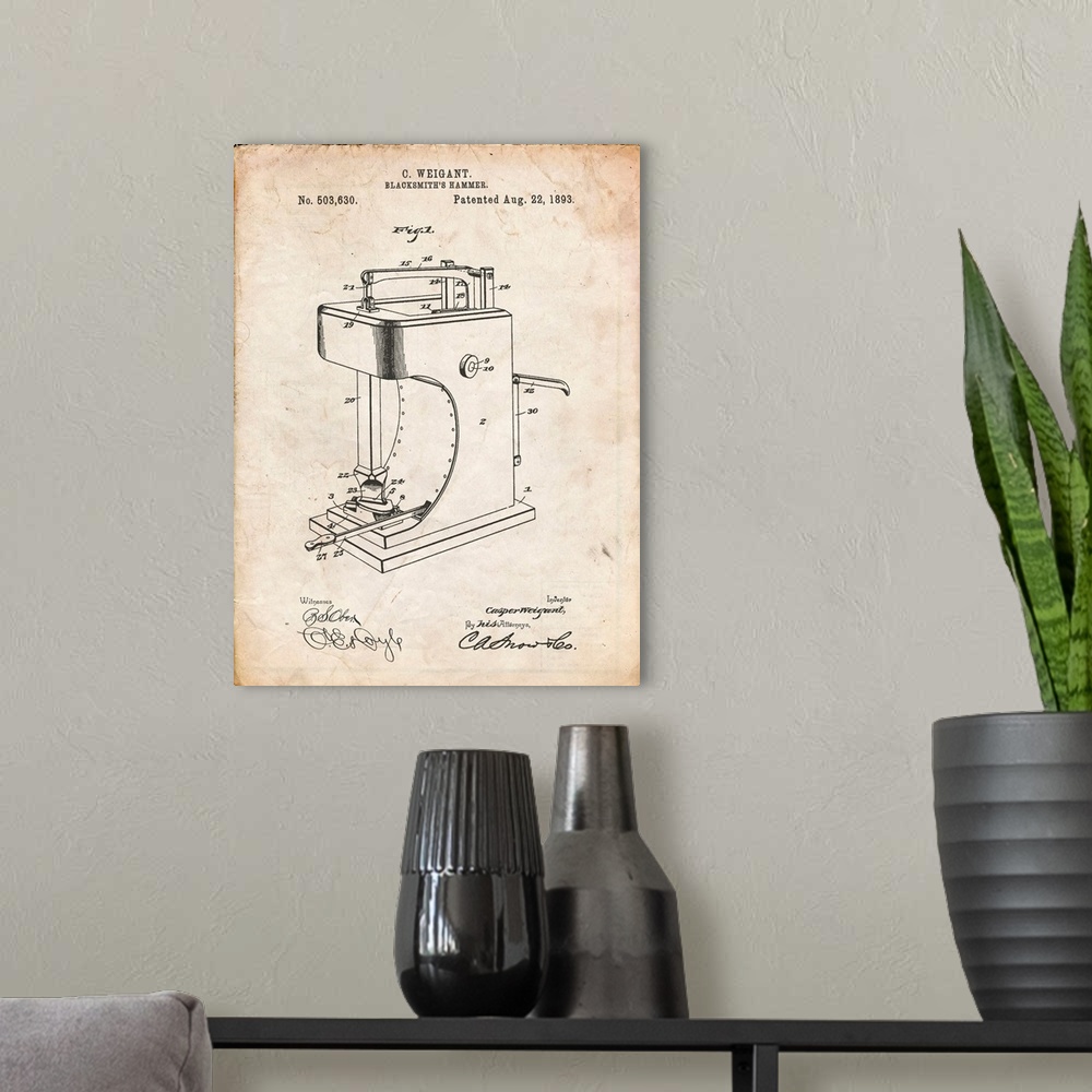 A modern room featuring Vintage Parchment Blacksmith Hammer 1893 Patent Poster