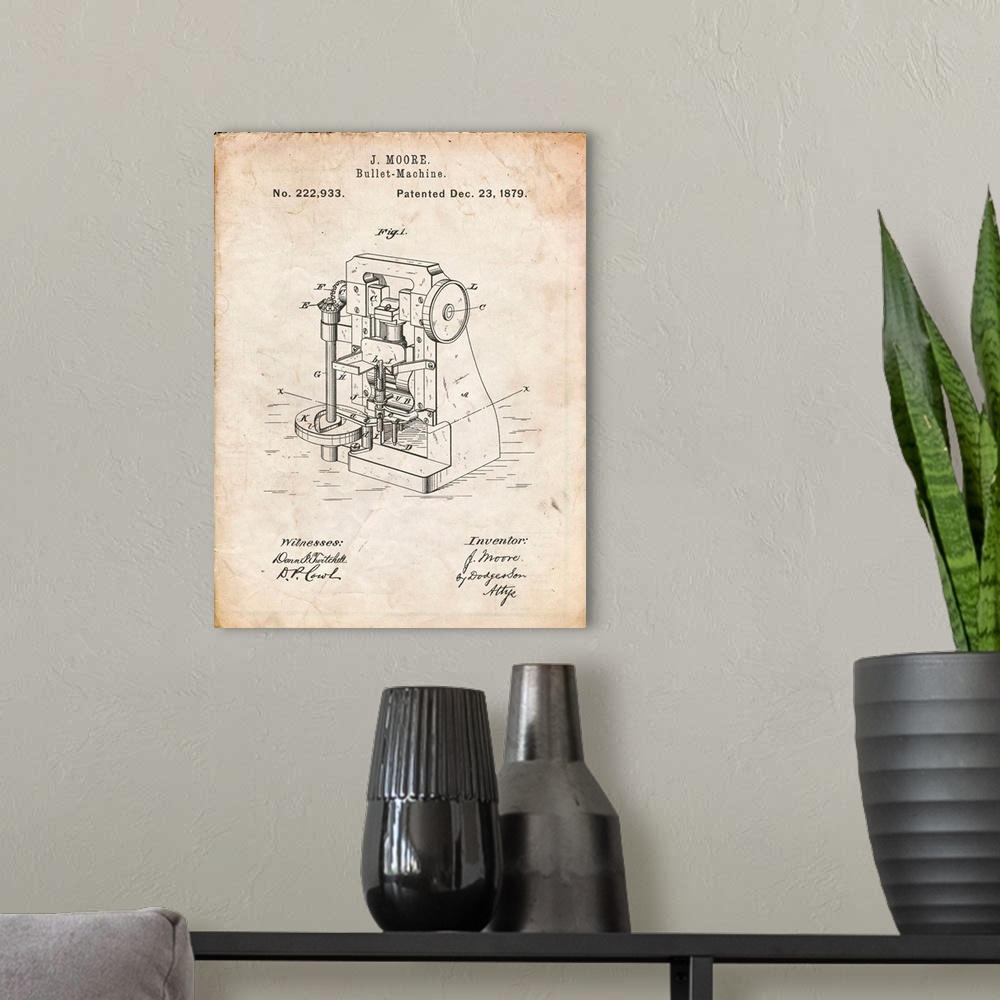 A modern room featuring Vintage Parchment Bullet Machine Patent Poster