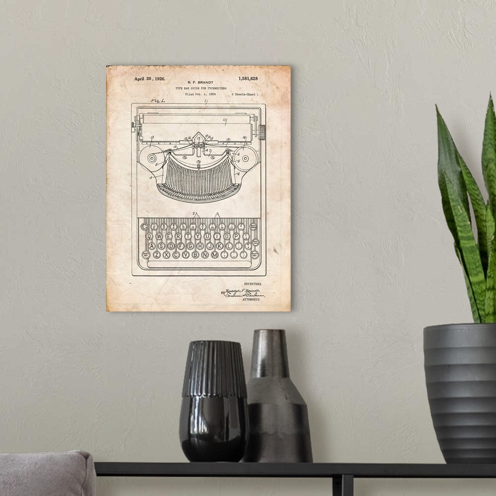 A modern room featuring Vintage Parchment Dayton Portable Typewriter Patent Poster