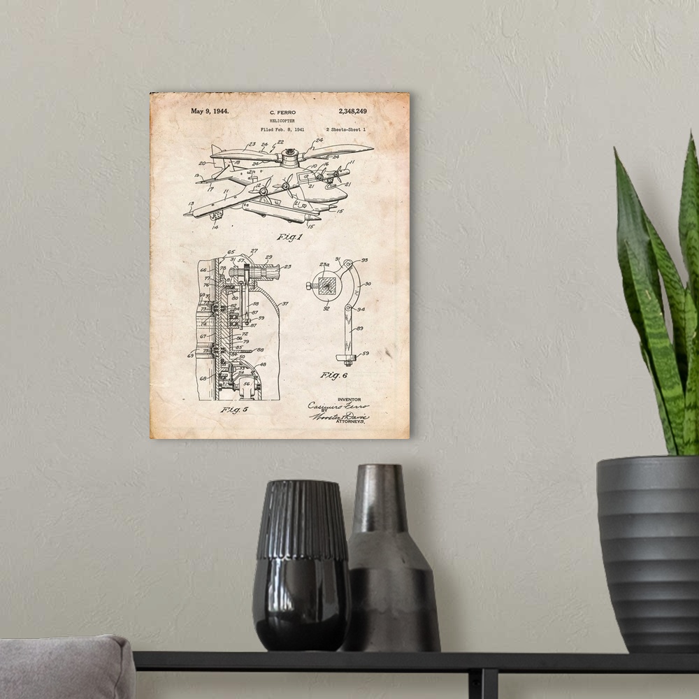 A modern room featuring Vintage Parchment Early Helicopter Patent Poster