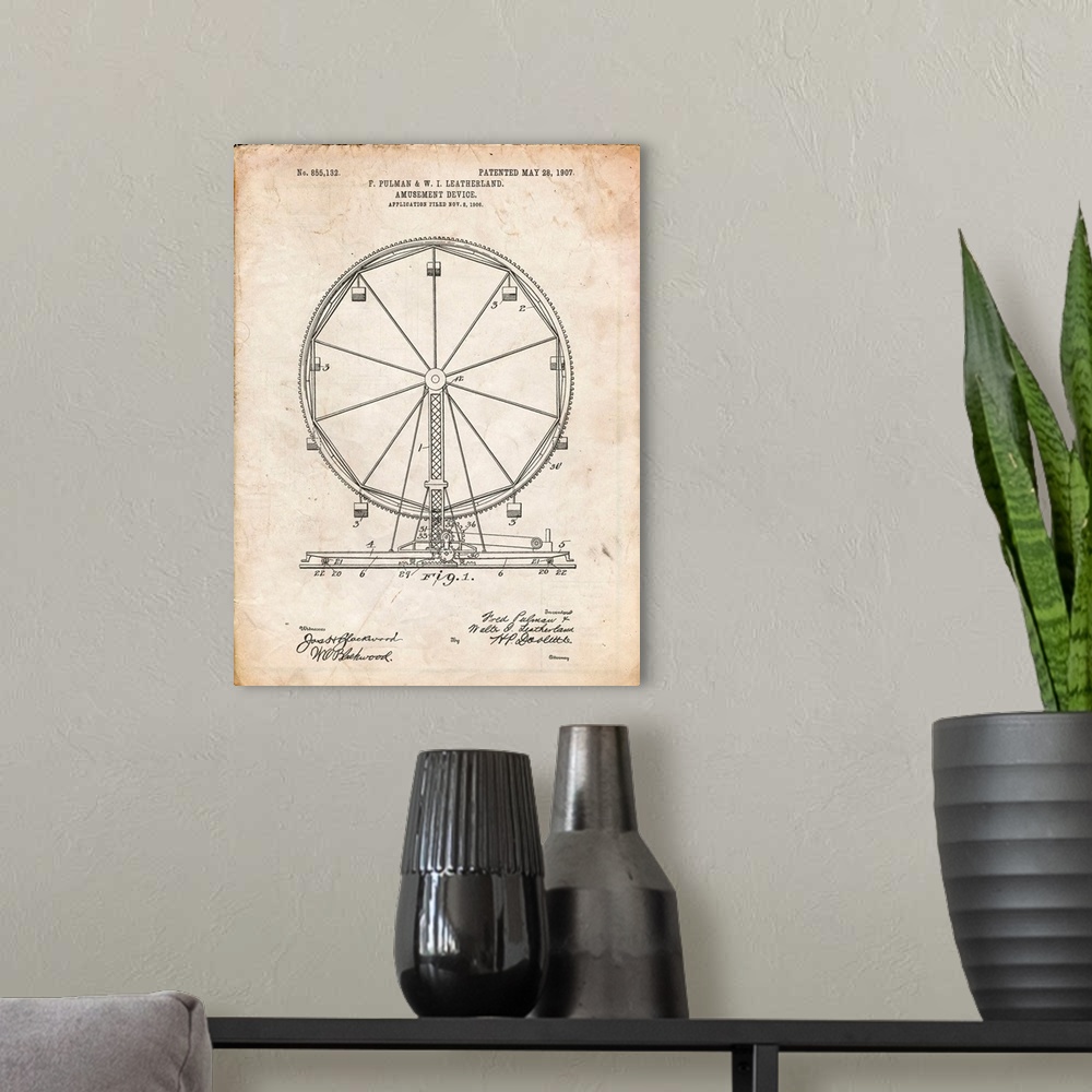 A modern room featuring Vintage Parchment Ferris Wheel Poster