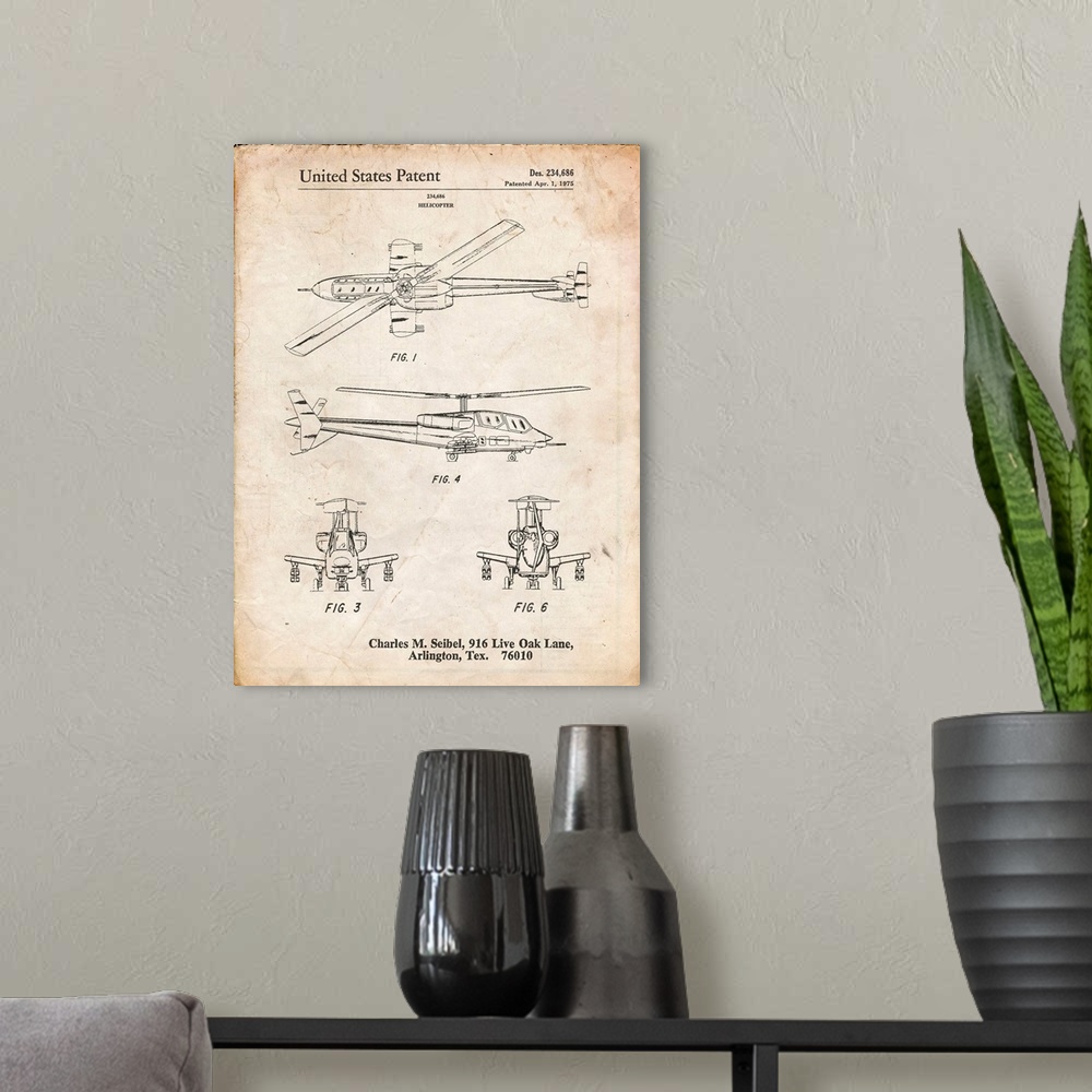 A modern room featuring Vintage Parchment Helicopter Patent Print