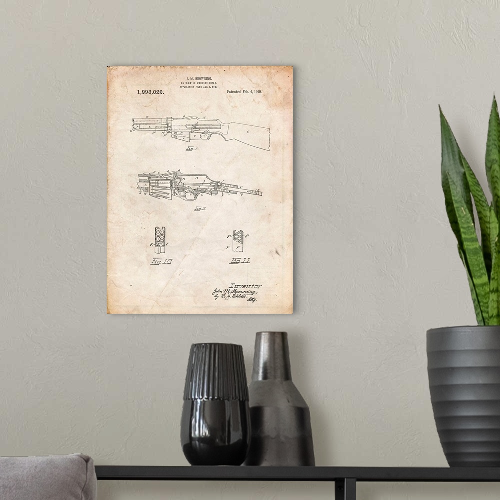 A modern room featuring Vintage Parchment M1919 Browning Automic Rifle Patent Poster