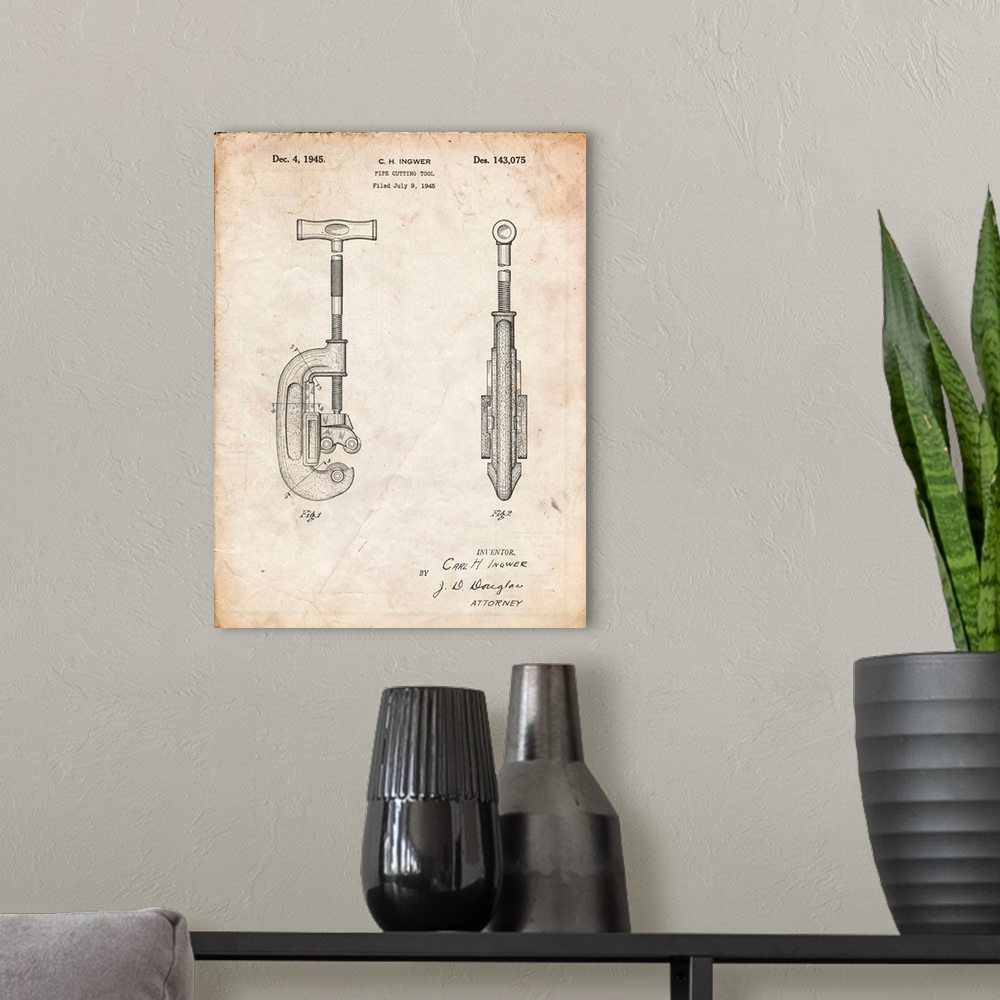 A modern room featuring Vintage Parchment Pipe Cutting Tool Patent Poster